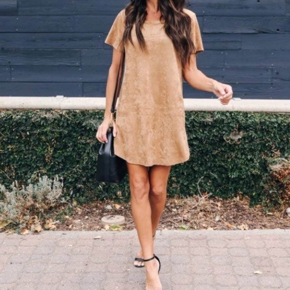 Olivaceous Kacie Faux Suede Camel Tan Mini Shift Dress, NWT (Size Medium)